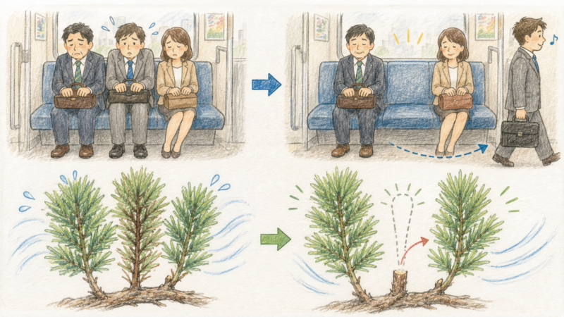 松の枝の3本のうち真ん中の1本を間引いてあげることで、風通しが良くなって全体が元気になる