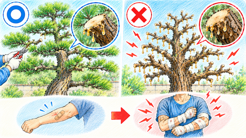 丸刈りのように全体の枝先を一斉に切ってしまうと、無数の切り口から同時にヤニが噴き出す