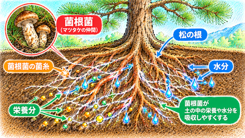 菌根菌は、マツタケの仲間にあたる菌類で、松の根と協力しながら、土の中の栄養や水分をより効率よく吸収する手助けをしてくれている