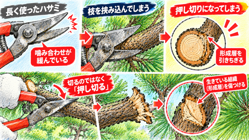 長く使い続けたハサミは刃同士の噛み合わせが緩んでしまい枝をスパッと切るのではなく間に挟み込んでしまう