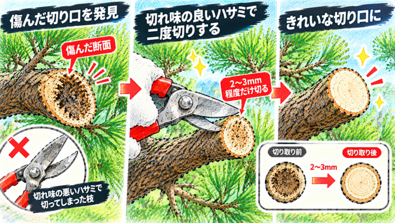 すでに切れ味の悪いハサミで切ってしまった切り口を見つけたら切れ味の良い剪定バサミで二度切りする