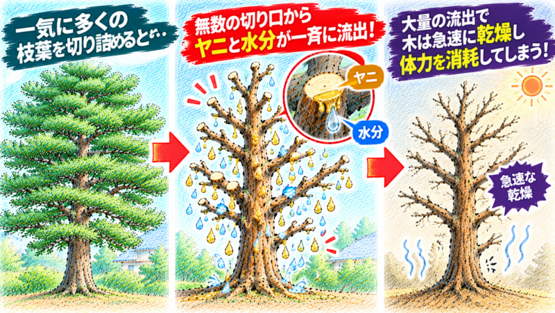 松の枝葉を切り詰めてしまうと、無数にできた切り口から、樹液、いわゆるヤニと水分が一斉に流れ出してしまう