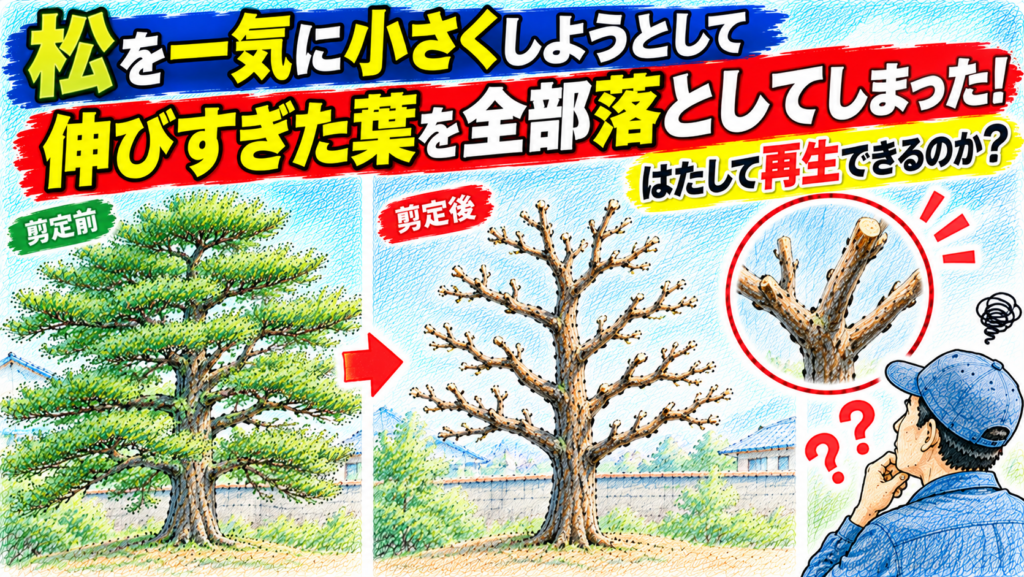 松を一気に小さくしようとして伸びすぎた葉を全部落としてしまった！はたして再生できるのか？
