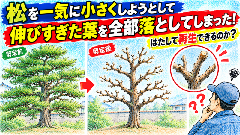 松を一気に小さくしようとして伸びすぎた葉を全部落としてしまった！はたして再生できるのか？