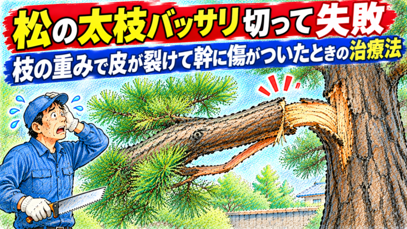 松の太枝をバッサリ切って失敗！枝の重みで皮が裂けて幹に傷がついたときの治療法