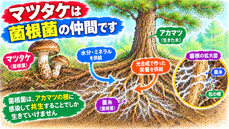 マツタケは、腐生菌とは全く異なる「菌根菌」というグループに属している