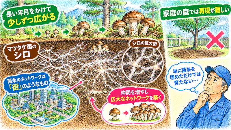 マツタケは、単に菌糸を土に埋めれば育つというものでなく、土の中で菌糸が集まり、広大なネットワークを形成した「シロ」と呼ばれる状態にまで成長する必要がある