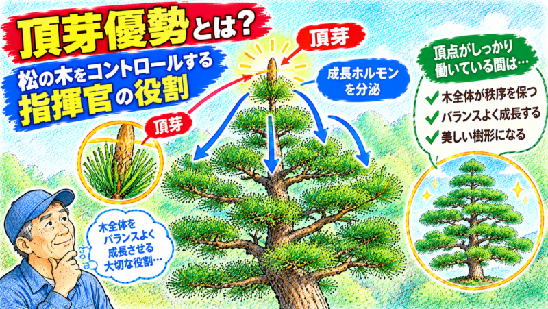 松の芯を失ったことで頂芽優勢のバランスが崩れる