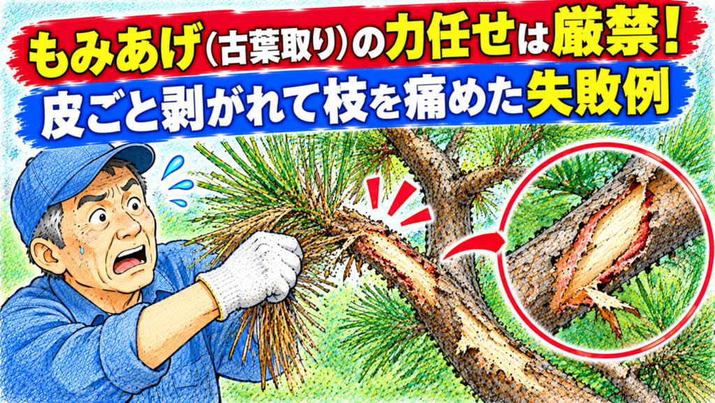 もみあげ（古葉取り）の力任せは厳禁！皮ごと剥がれて枝を痛めた失敗例