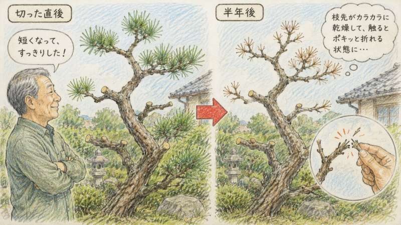 先端に葉がないと水分の引き上げが止まる