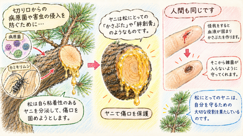 ヤニは、松にとっての「かさぶた」や「絆創膏」のようなもの